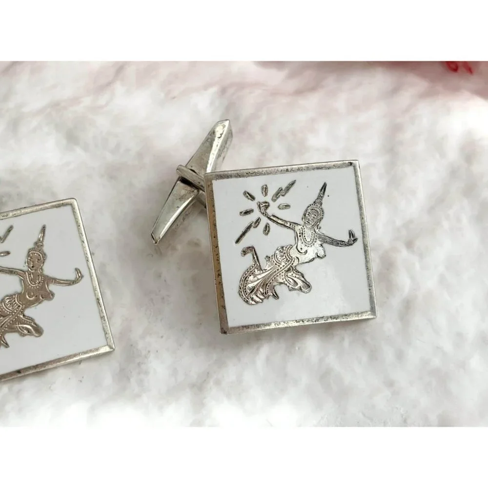 Siam Sterling White Guilloche Square Nielloware Vintage Thai Made 925 Cufflinks